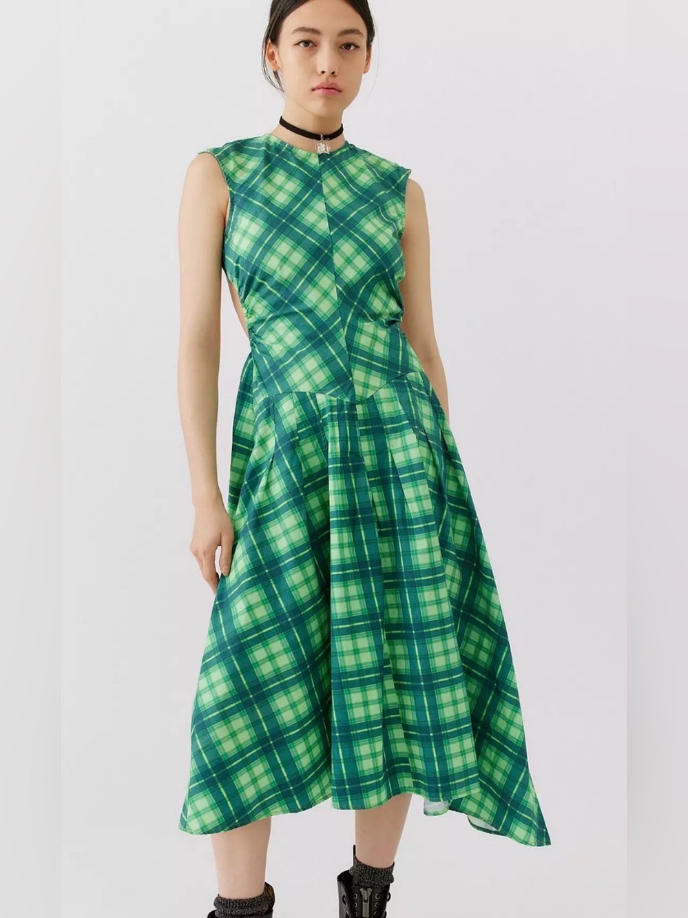 NWT Urban Outfitters Green Plaid Sleeveless Midi Dress